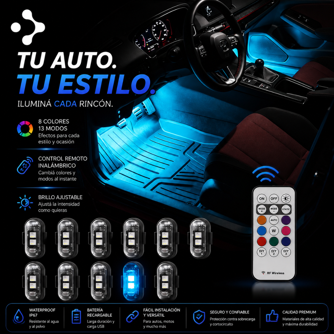 Luces LED Ambientales para Auto con Control Remoto