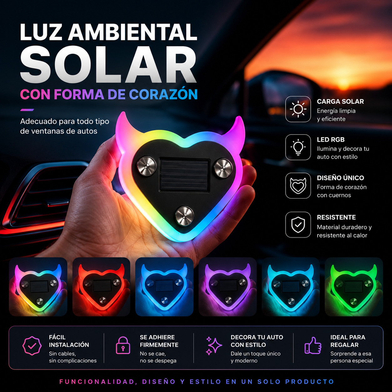 Luces LED Ambientales Corazón para Auto – Inalámbricas con Panel Solar - HB electrónica