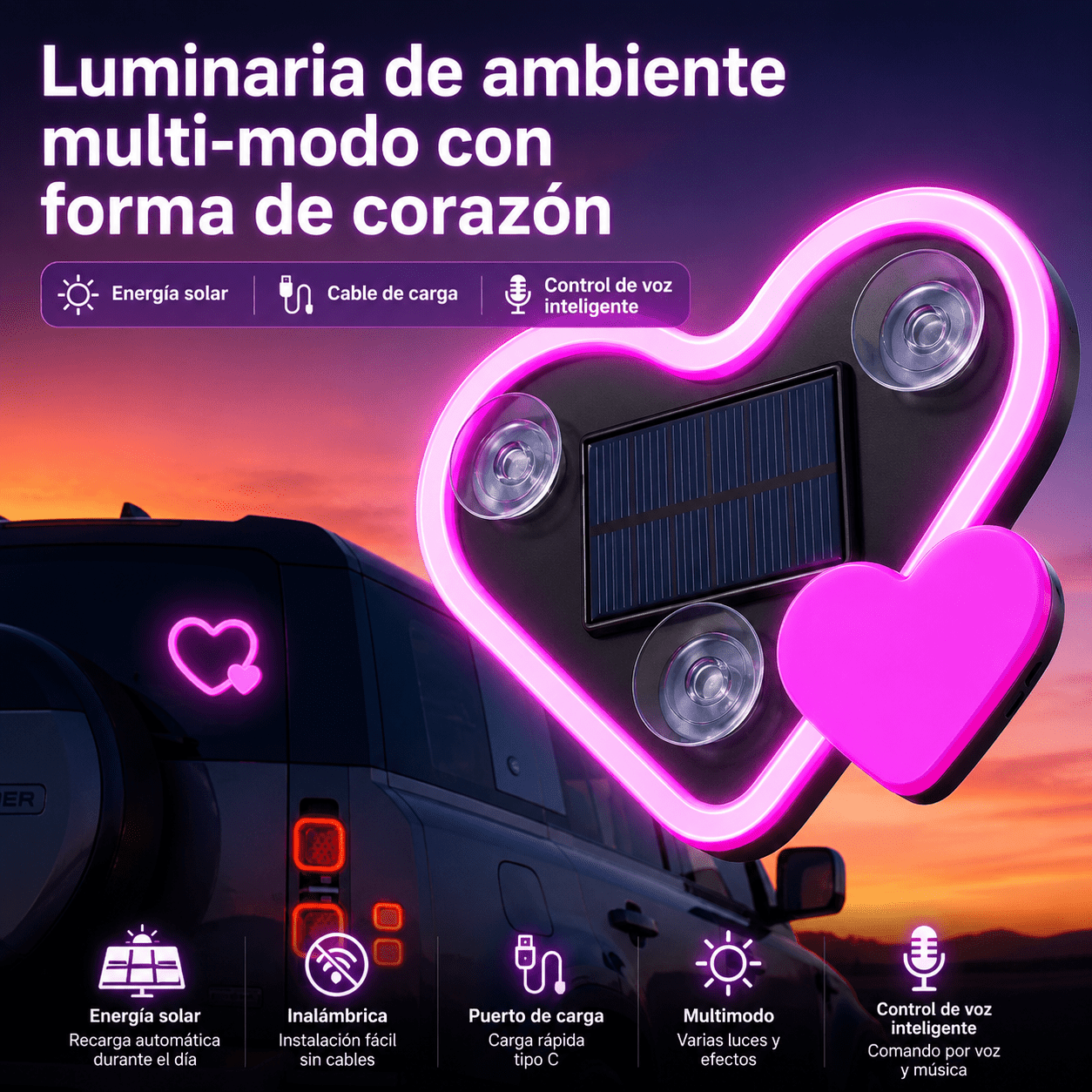 Luces LED Ambientales Corazón para Auto – Inalámbricas con Panel Solar - HB electrónica