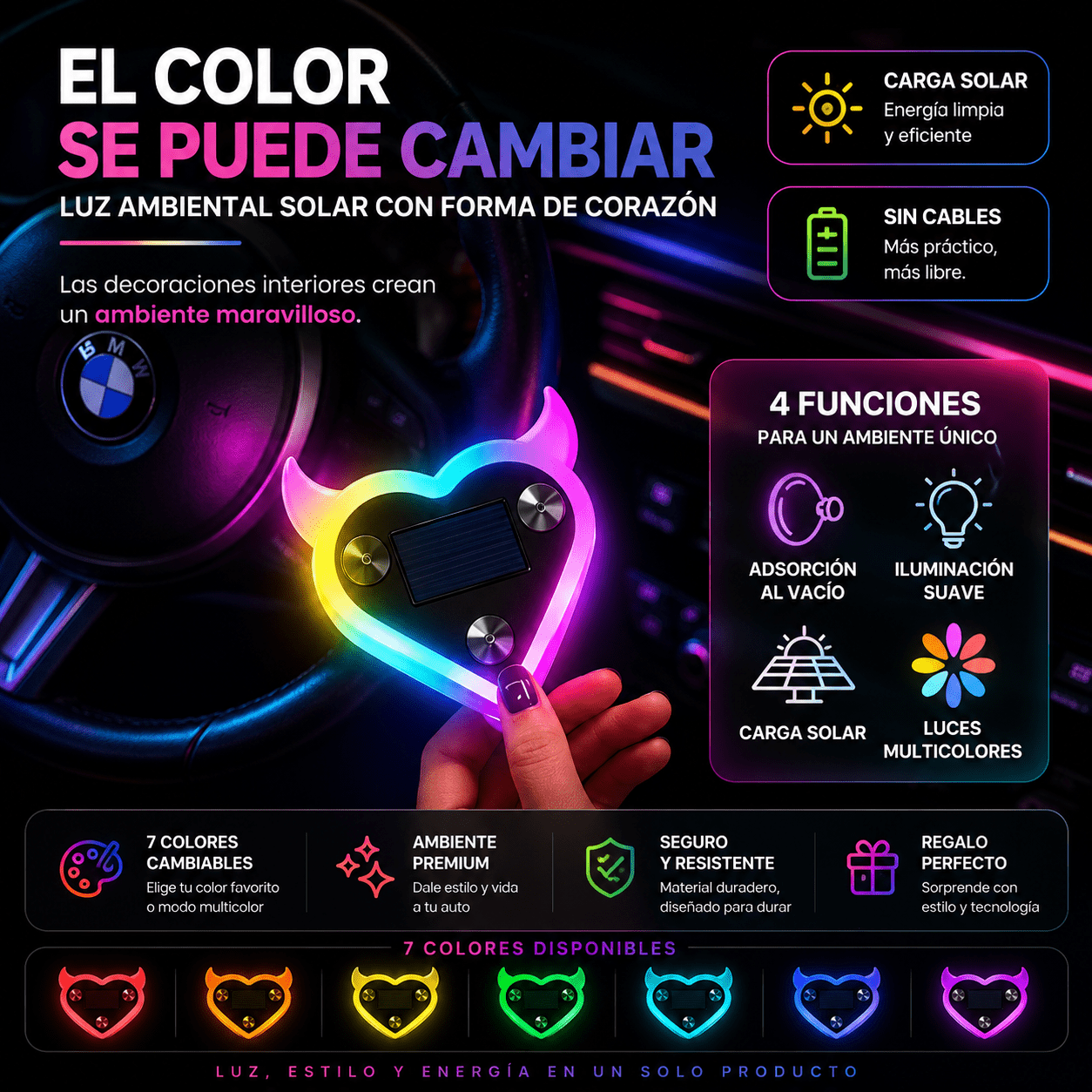 Luces LED Ambientales Corazón para Auto – Inalámbricas con Panel Solar - HB electrónica