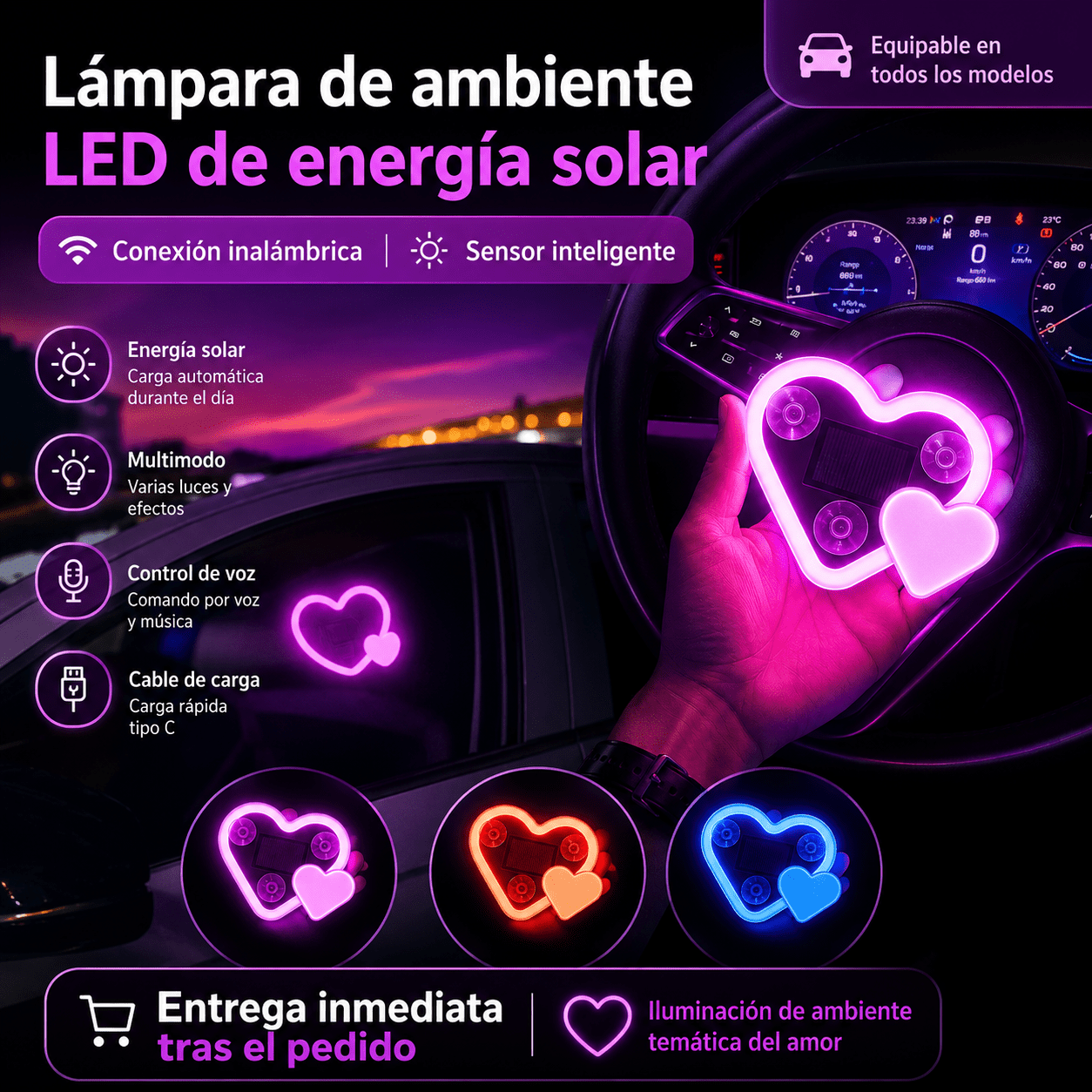 Luces LED Ambientales Corazón para Auto – Inalámbricas con Panel Solar - HB electrónica